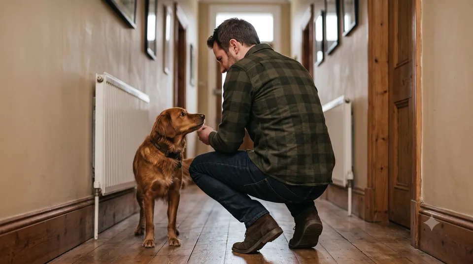 A man crouches to reward his dog with a treat in a narrow apartment hallway, practicing a calm hallway encounter
