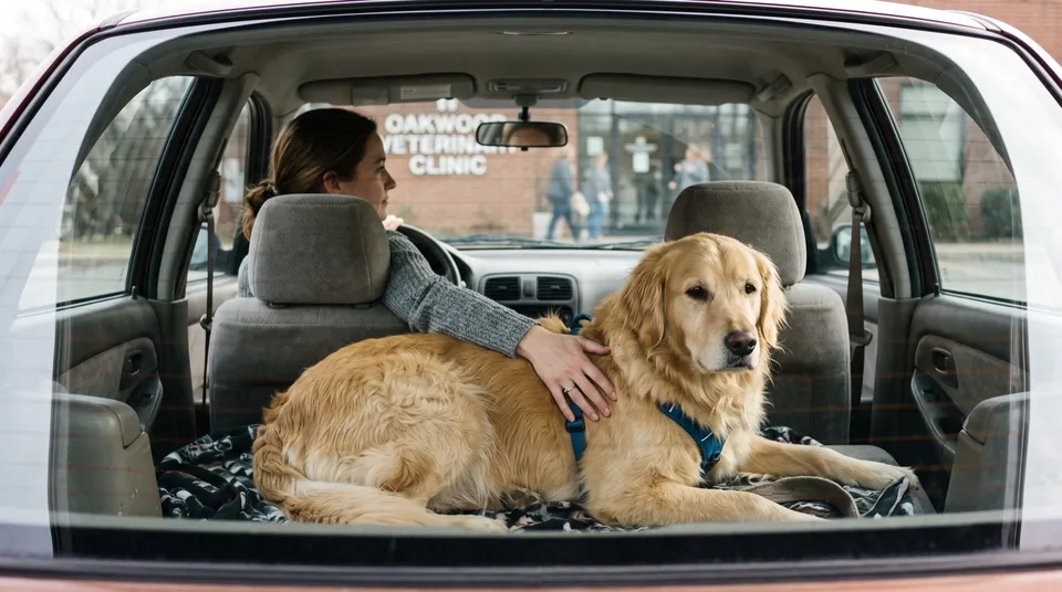 A dog rests calmly in the back of a car while its owner reassures it, parked outside a veterinary clinic, illustrating waiting in the car instead of the lobby