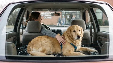 A dog rests calmly in the back of a car while its owner reassures it, parked outside a veterinary clinic, illustrating waiting in the car instead of the lobby