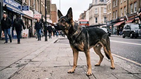 A German Shepherd stands alert on a leash on a busy city sidewalk, with pedestrians, traffic, and a bus passing close by