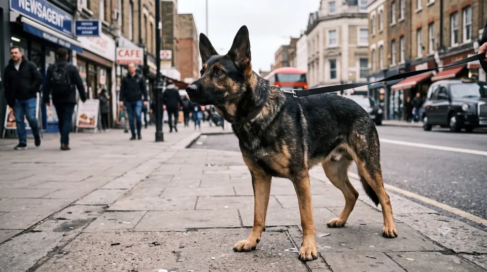 A German Shepherd stands alert on a leash on a busy city sidewalk, with pedestrians, traffic, and a bus passing close by