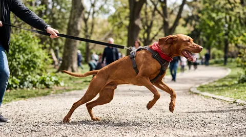 A dog straining forward hard against a taut leash and harness, mouth open, clearly frustrated by the leash itself