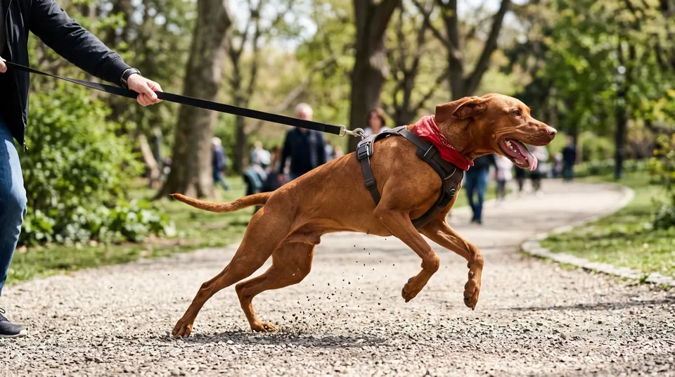 A dog straining forward hard against a taut leash and harness, mouth open, clearly frustrated by the leash itself