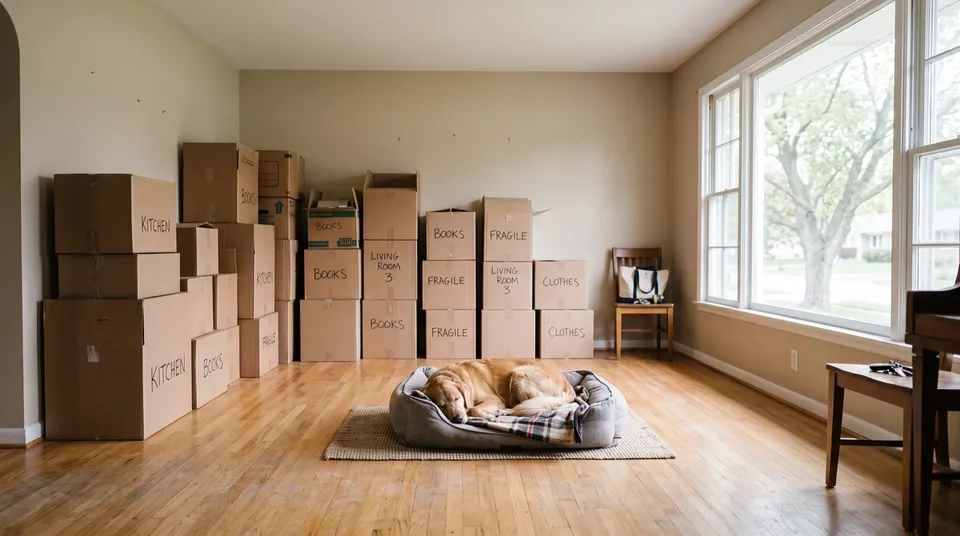 A dog sleeping calmly in its bed in an empty, sunlit living room surrounded by stacked, labeled moving boxes