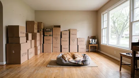 A dog sleeping calmly in its bed in an empty, sunlit living room surrounded by stacked, labeled moving boxes