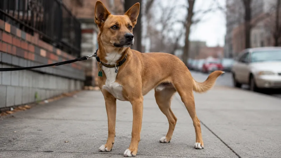 An alert dog on a leash on a city sidewalk, ears up and body engaged but not stiff or frozen — typical reactive body language, not aggression