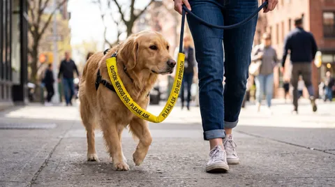 A golden retriever wearing a yellow leash sleeve reading 'Caution: Nervous Dog, Please Ask' on a city sidewalk