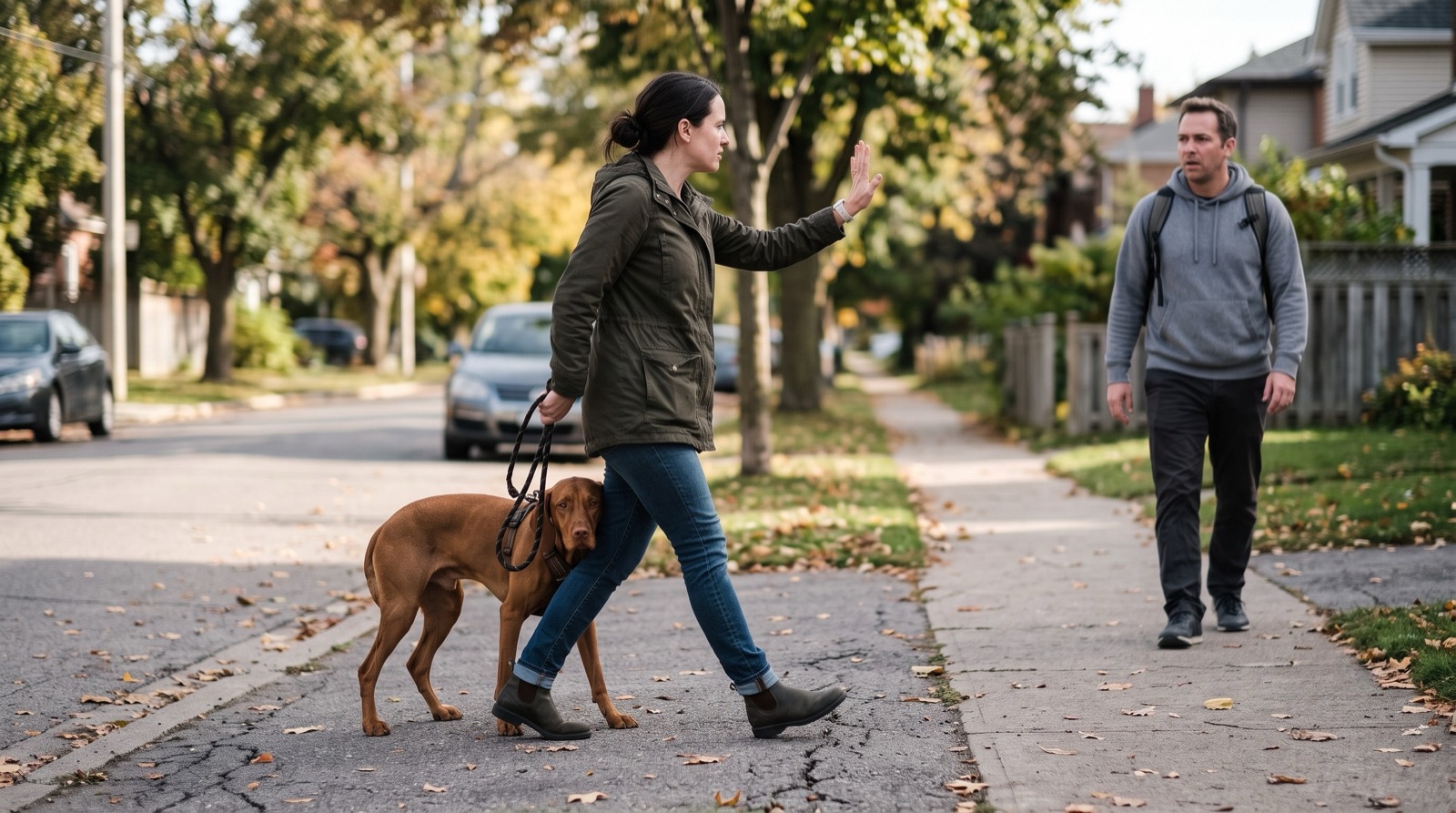 A woman walking her dog holds up a hand to signal a man approaching on the sidewalk behind her