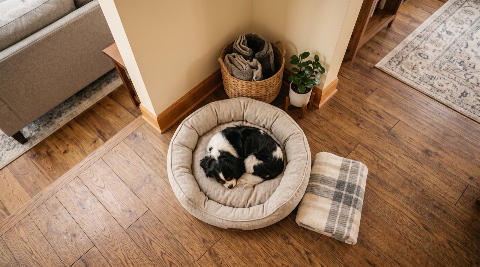 A dog curled up asleep in a round dog bed in a quiet corner, with a folded blanket and towel basket nearby
