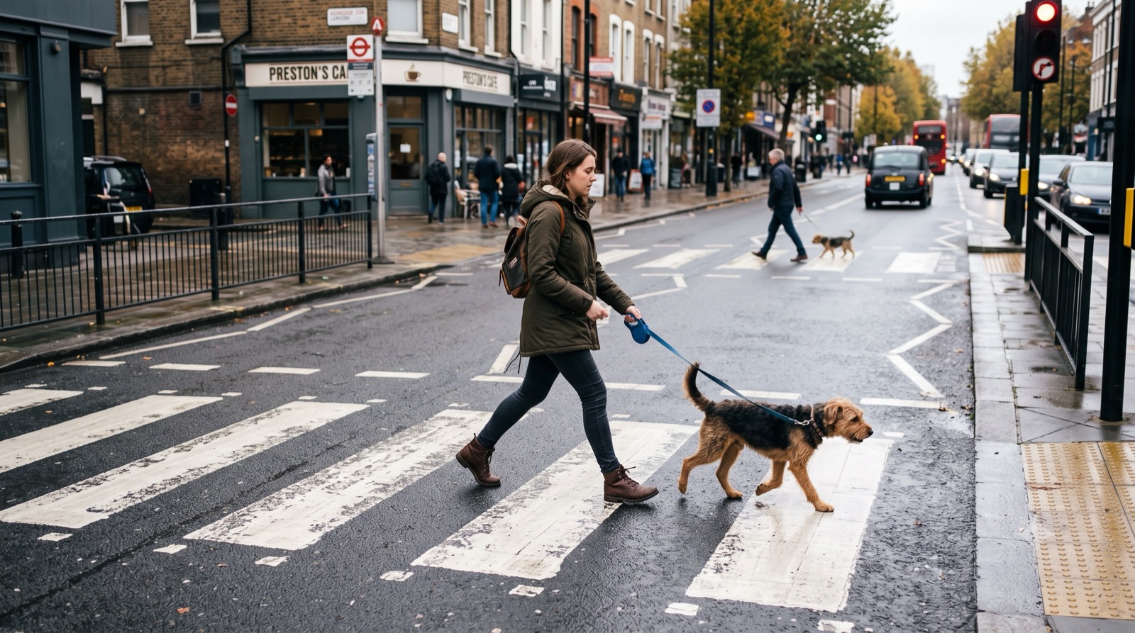 A woman proactively crosses a city street with her dog on leash, creating distance ahead of a potential encounter