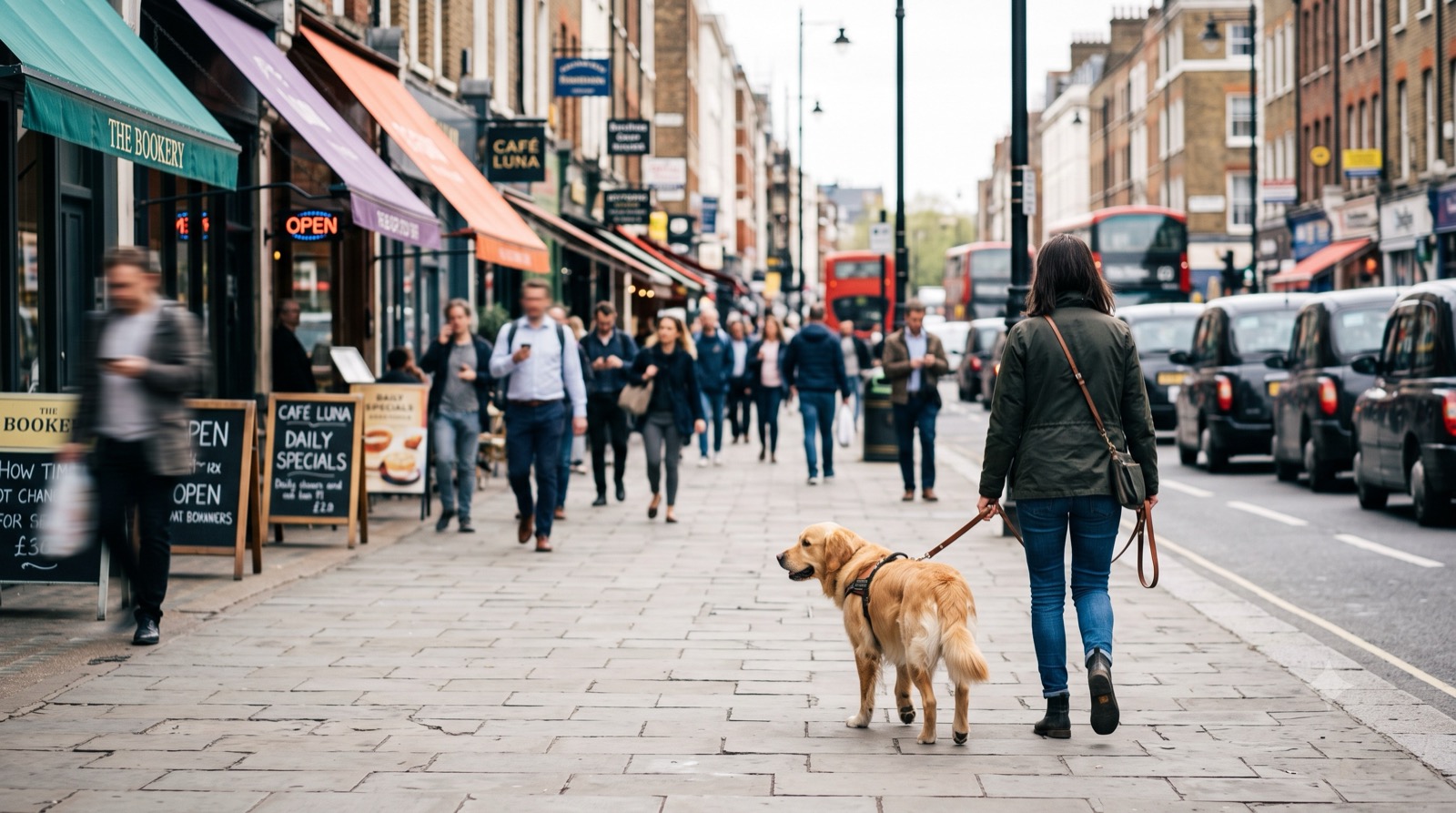 A dog calmly walks on leash down a genuinely packed London high street, dense foot traffic on all sides