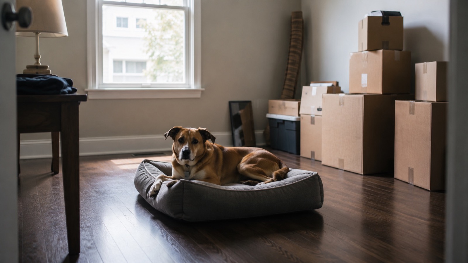 A dog settled calmly in its bed in a single designated room, with moving boxes stacked nearby but not yet unpacked