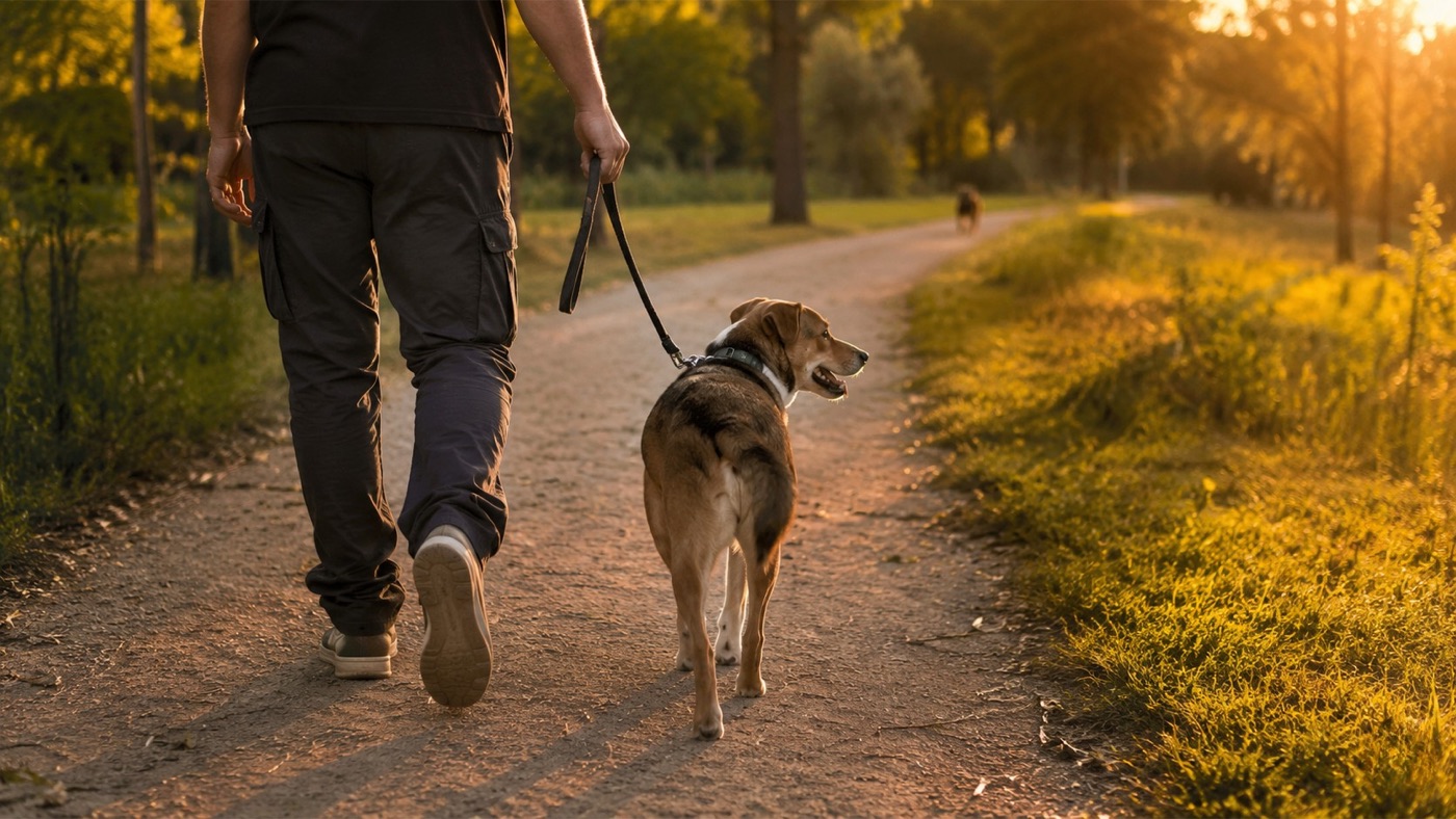 A person walking a calm dog on a loose leash down a quiet path at sunset