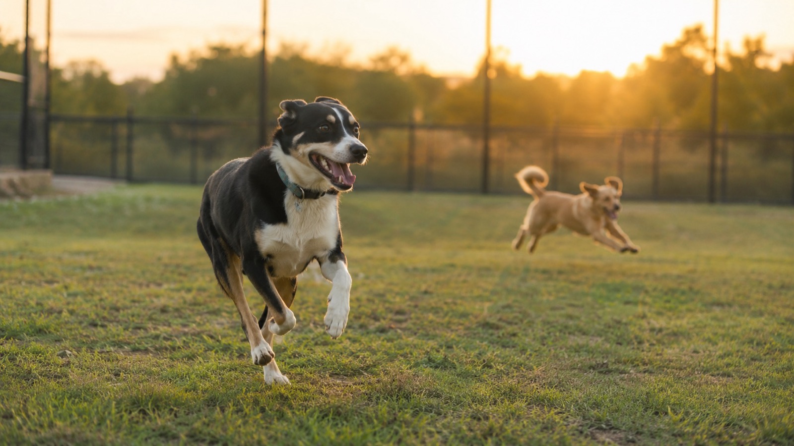 Two dogs running and playing freely off-leash in an open field at sunset, with no barrier between them