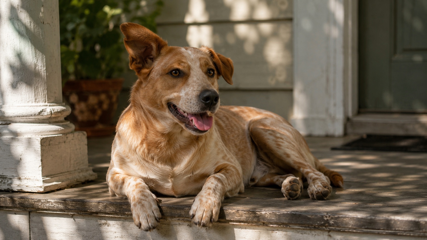 A relaxed dog lying on a porch with a loose, open body and a soft, panting expression — calm, non-threatening body language for contrast