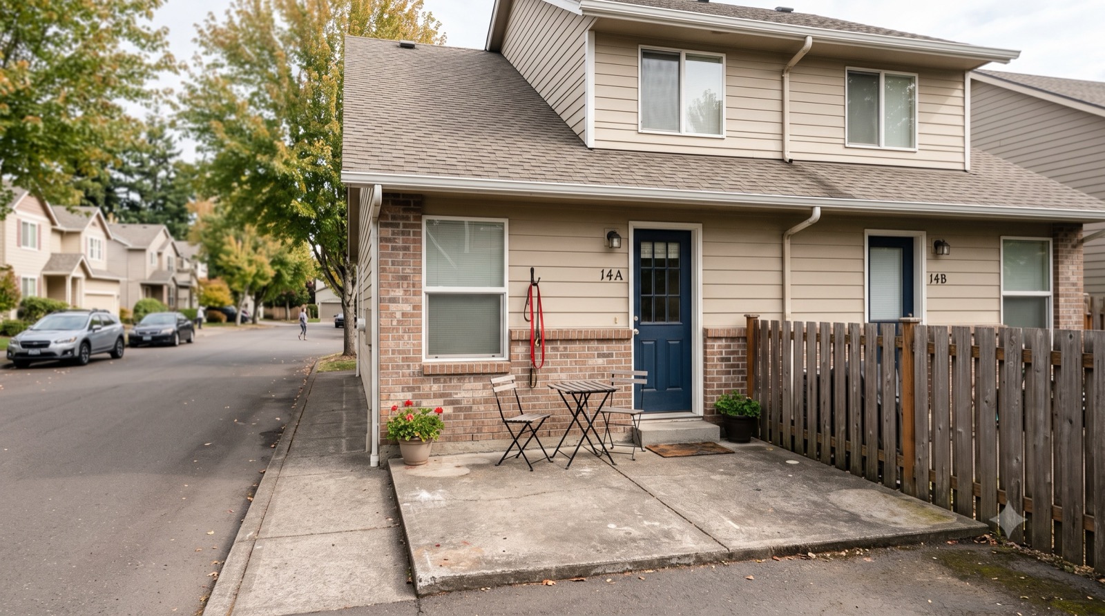 A townhouse with a small concrete patio right next to the street, no private yard or fence, a leash hanging by the front door