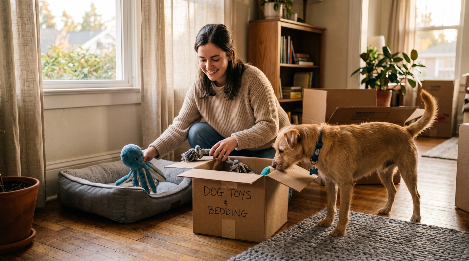 A woman unpacks a box labeled 'Dog Toys and Bedding' while her dog eagerly sniffs inside it, moving boxes in the background